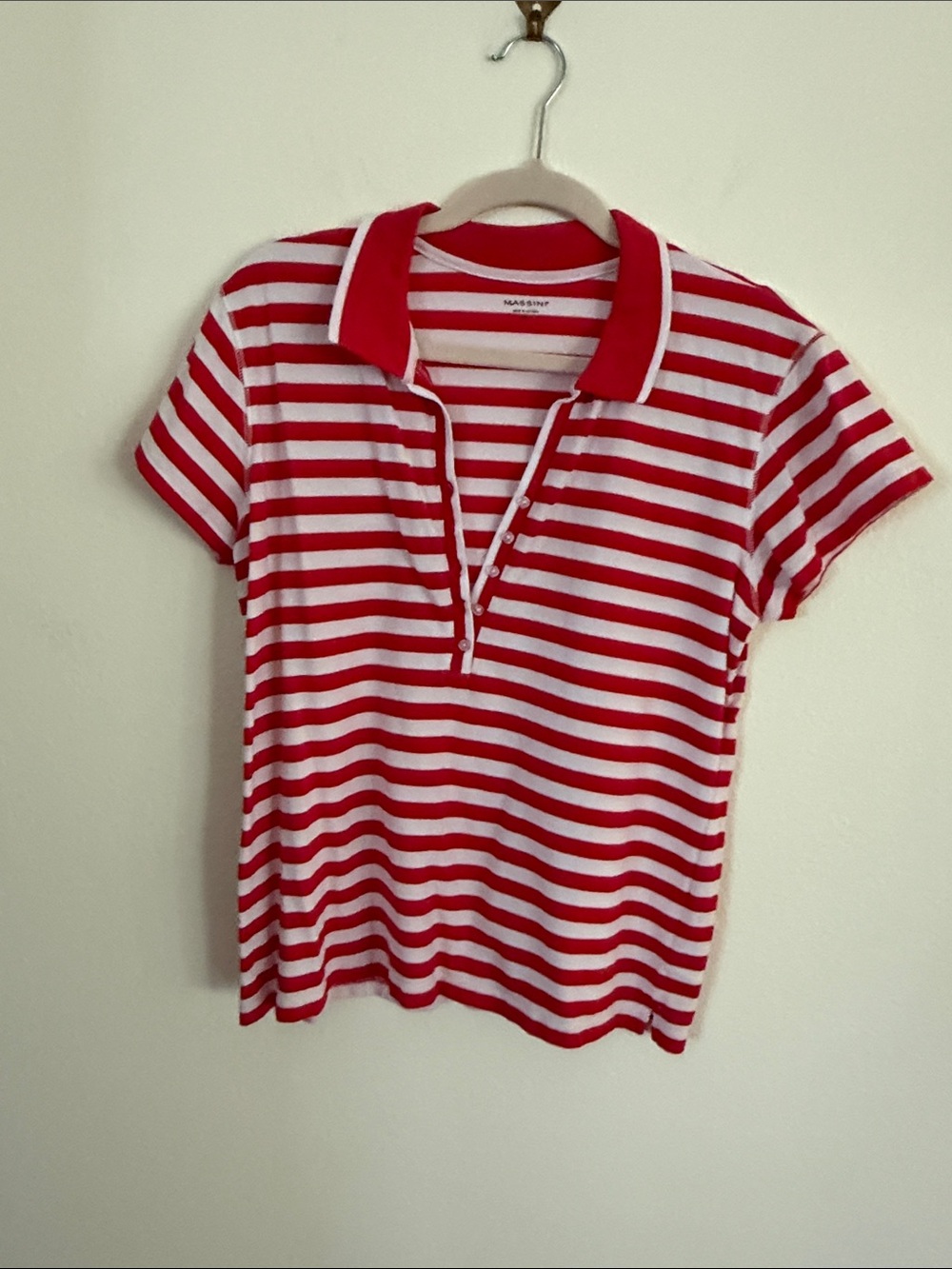Massini Red and White Striped Button-Down Polo Top